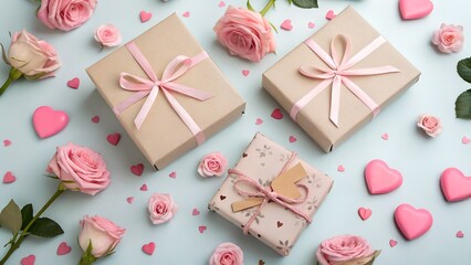 heart shaped candy Romantic Gift Boxes and Hearts on Pastel Background