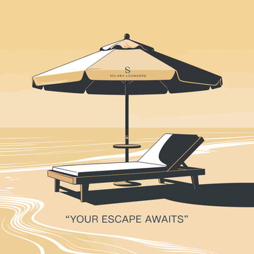 Beach Scene with Beige and Black Solara Lounger and Matching Umbrella on Sandy Shore Calm Ocean Your Escape Awaits