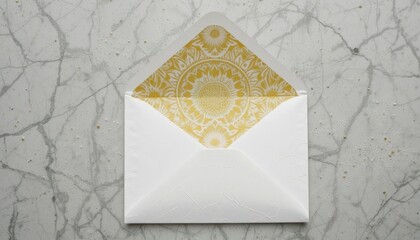 Open white envelope with golden floral pattern on a marble background