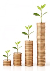 plant growing from coins, Coin stack with growing height animation frames, white background