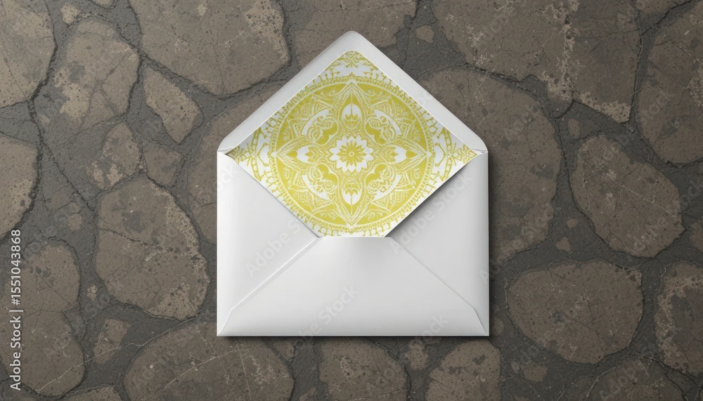 Poster white envelope with yellow pattern on stone background minimalist flatlay