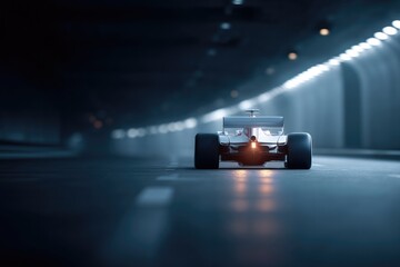 Sleek racing car illuminated in dark tunnel, showcasing speed an