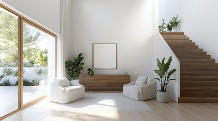 Fototapeta premium A modern, minimalist living room bathed in natural light, featuring elegant furnishings and plants that create an inviting atmosphere and emphasize simplicity and space.