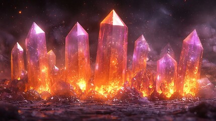 Fiery Orange and Pink Crystal Cluster Glowing Minerals Fantasy Gemstones Magical Rock Formation