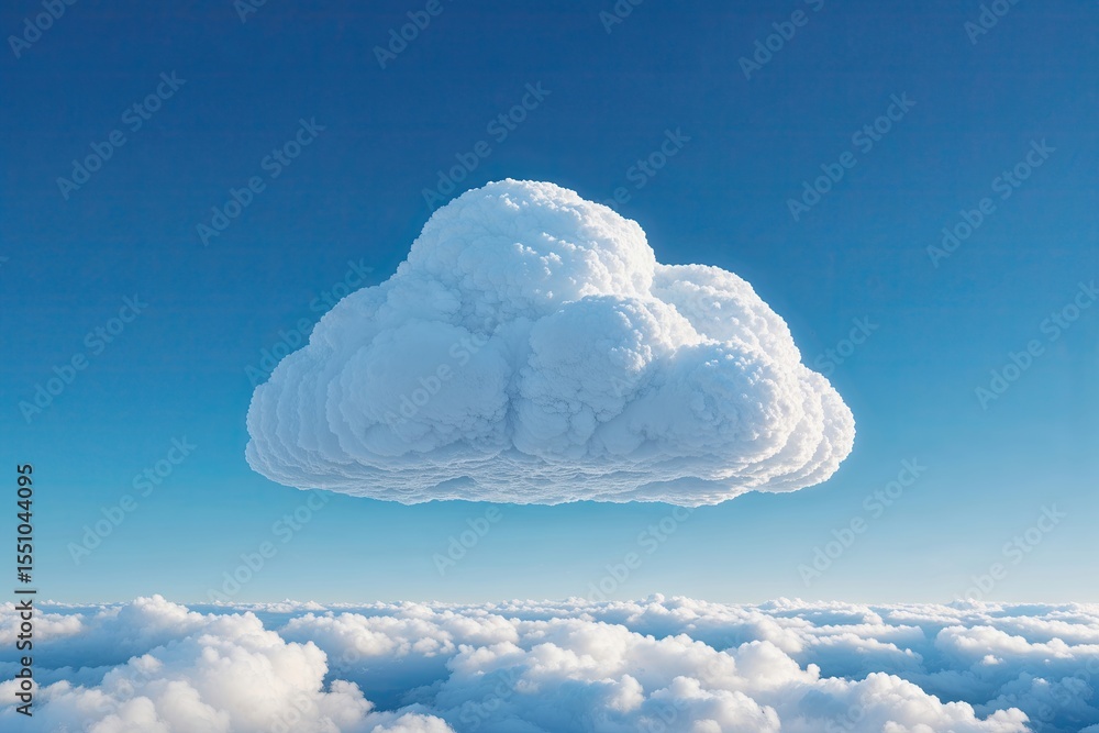 Poster elegant floating cloud on bright blue field: 3d rendering of cloud data management systems and effic