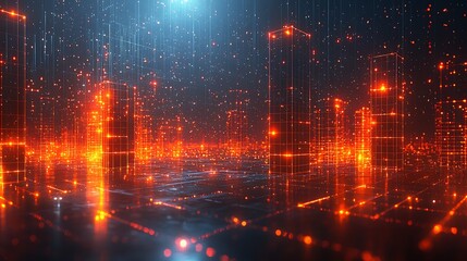 Futuristic Cityscape Glowing Orange Digital Metropolis Networked Smart City Technology Background