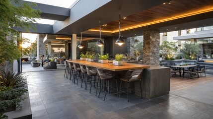 Fototapeta premium Linear architectural design combining gray concrete and natural tones for a warm-modern vibe