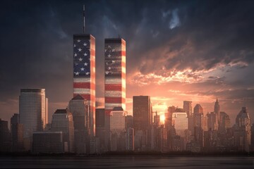Majestic skyline features Twin Towers adorned with American flag