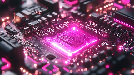 Glowing Pink Motherboard Circuit Board Close up Tech Detail Computer Hardware Digital Technology