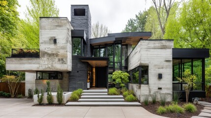 Modern gray semi-box house with earth-tone brick walls and sharp linear design surrounded by greenery