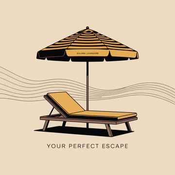 Beige Background Illustration Featuring a Yellow Chaise Lounge Under a Black and Mustard Yellow Striped Beach Umbrella with Solara Loungers Branding Your Perfect Escape Text Below