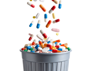 Medicinal Tablets Being Thrown Away in Trash Bin, Close-Up View