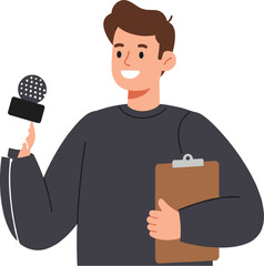 Cartoon illustration of a businessman holding a microphone in an office