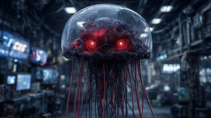 Futuristic cyberpunk jellyfish with glowing red eyes and tentacles in a high tech laboratory environment, digital art.