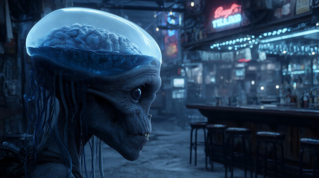 Alien with transparent brain walks through a futuristic neon lit bar at night, blending sci fi and cyberpunk themes.