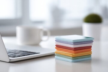 Naklejka premium Colorful stack of sticky notes beside laptop, enhancing workspac