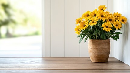 Fototapeta premium A vibrant display of cheerful yellow flowers in a rustic pot on a wooden table, symbolizing joy, positivity, and the beauty of nature indoors and outdoor spaces.