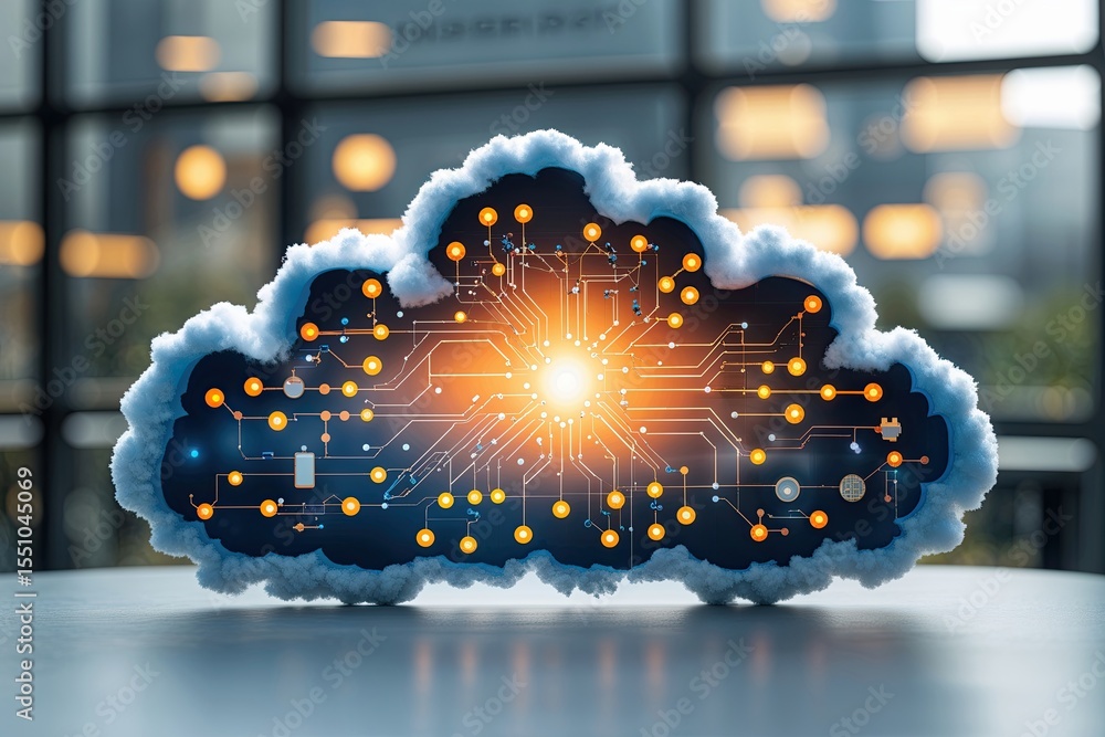Poster distinct cloud silhouette with networked nodes for advanced technology integration
