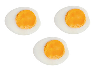 Top view set of unpeeled cooked or boiled chicken eggs in three halves with egg yolks isolated on white background with clipping path