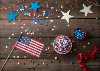 patriotic flatlay red white blue star confetti spread across rustic wood table with small American flag celebration USA independence fourth july festive freedom cheerful decoration texture unity

