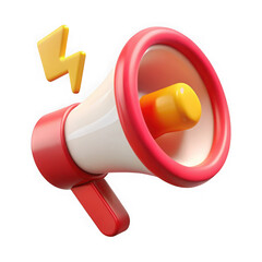 A red and white megaphone with a yellow lightning bolt, isolated on transparent background