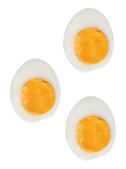 Top view set of unpeeled cooked or boiled chicken eggs in three halves with egg yolks isolated on white background with clipping path