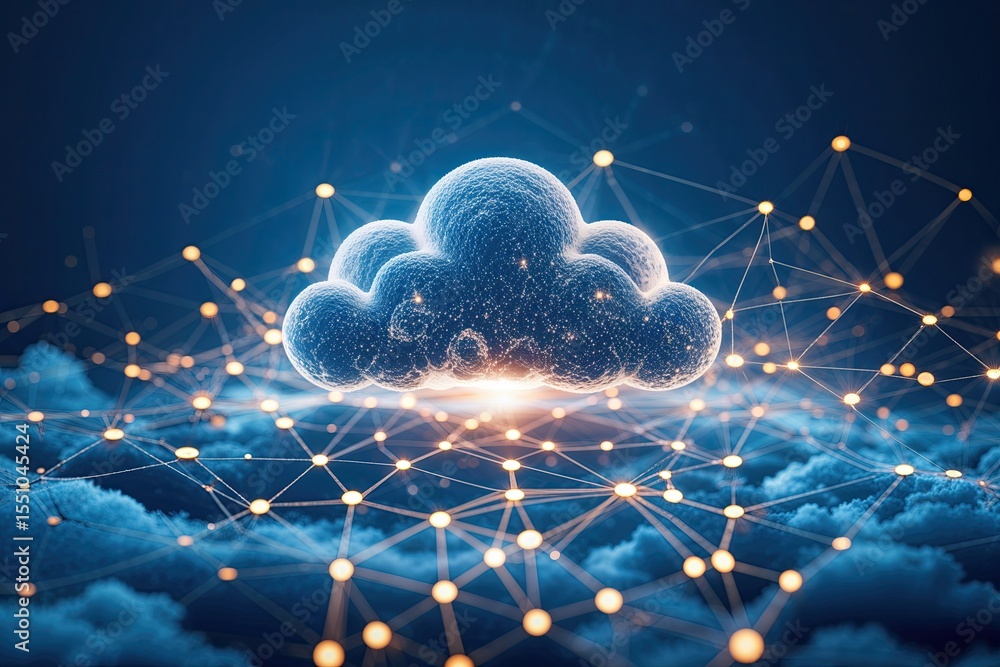 Poster transformative cloud technology and connectivity: abstract networking designs with deep blue backgro