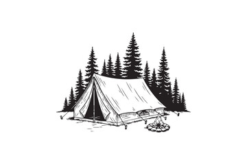 Handdrawn illustration of a canvas camping tent pitched in a pine forest featuring a campfire in front, tshirt design