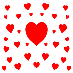 Red hearts pattern on white background. Scattered red hearts design element
