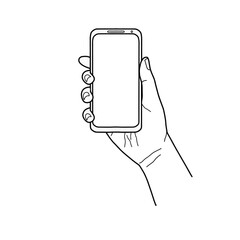 Hand holding smartphone line art illustration. Outline drawing of hand holding blank phone