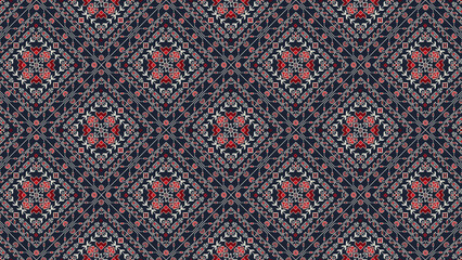 Detailed geometric pattern with red and white floral elements on a dark background design repeat