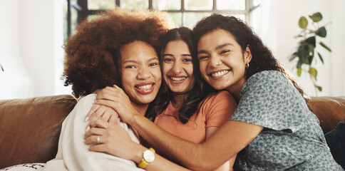 Smile, hug and portrait of friends on sofa for support, bonding and diversity together. Happiness,...
