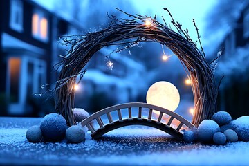 Snowy bridge at night