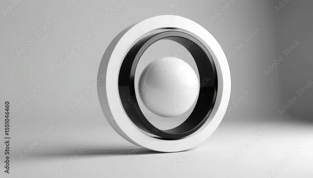 Poster abstract 3d render of a sphere inside rings on a gray background