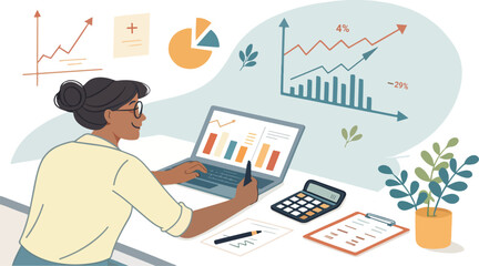 Businesswoman Analyzing Financial Data with Charts and Graphs