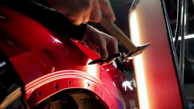 Close up view of Process of pointless dent repair on car body, mechanic at the auto shop with tools to repair dents in red car body. PDR