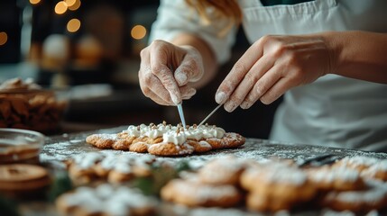 A close-up of hands decorating cookies with cream and toppings showcases the artistry of baking, bringing together flavors and creativity for festive occasions and joyous moments.