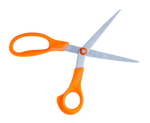 Top view of a pair of multipurpose scissors with orange handle isolated in png file format