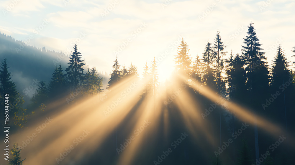 Poster A breathtaking view of sunlight filtering through tall evergreen trees in a serene forest, creating a tranquil atmosphere.