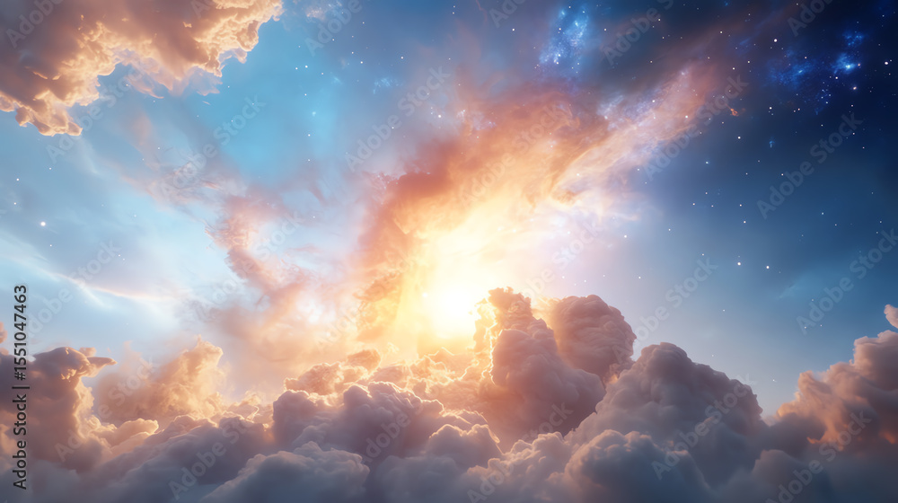 Poster A breathtaking view of vibrant clouds illuminated by the sun, creating a stunning display of colors in the sky.