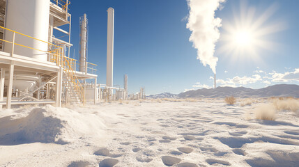 A bright landscape showcasing industrial machinery with steam rising against a clear blue sky, highlighting energy production.