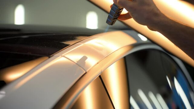 PDR Process of pointless dent repair on car body, mechanic at the auto shop with glue tools to repair dents in car body. PDR