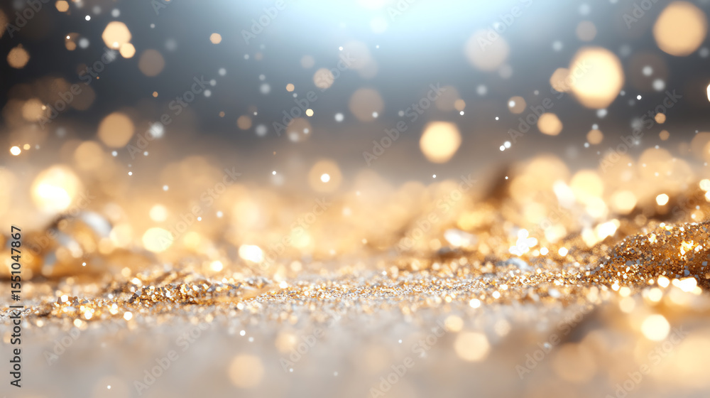 Poster A close-up of shimmering gold particles reflecting light, creating a stunning visual effect of sparkle and elegance.