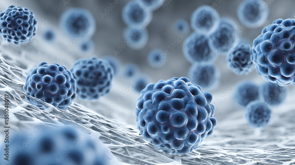 Aufkleber A close-up view of blue bacteria cells networking under a microscope, showcasing intricate details and structures in a scientific environment.
