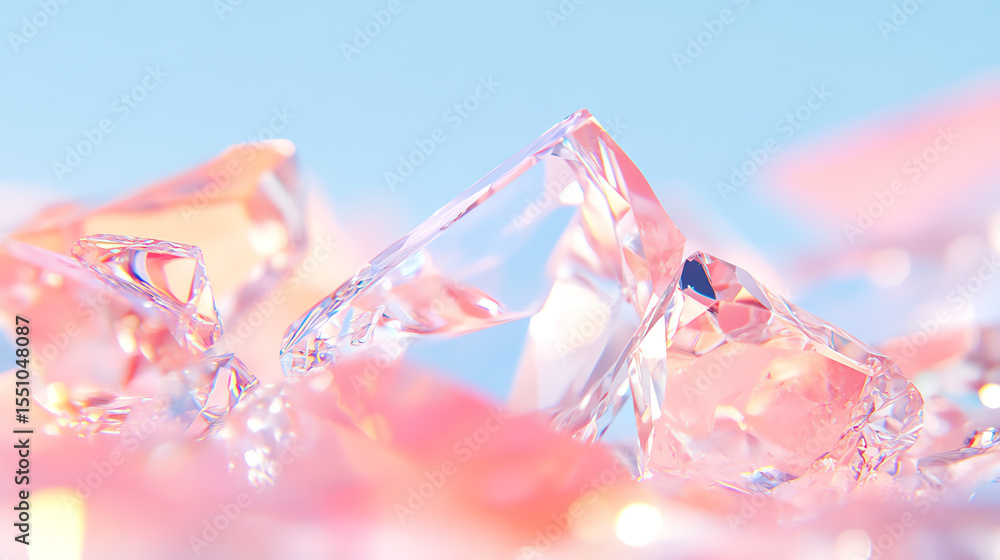 Poster A close-up view of sparkling, translucent ice shards reflecting soft pastel colors on a gentle background.