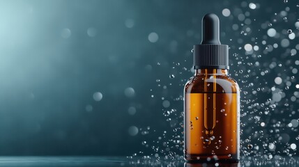 An elegant amber dropper bottle captures attention as droplets splash against a captivating backdrop, representing beauty, skincare, health, and essential oils for well-being.