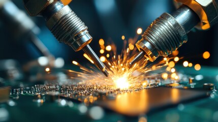 A close-up shot captures explosive sparks flying during a technical process, showcasing the intricate and dynamic nature of engineering, technology, and innovation in workshops.