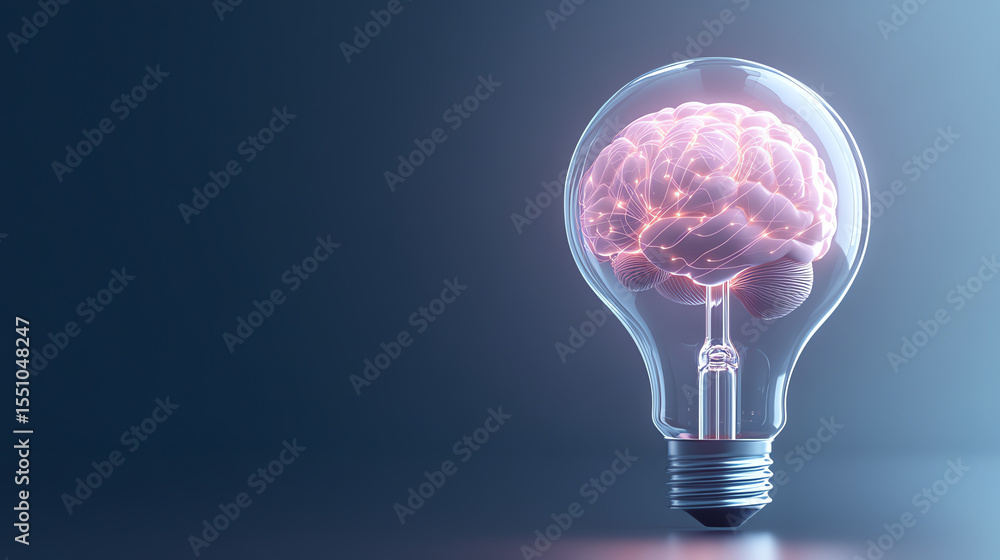 Poster a creative concept of a light bulb with a brain inside, symbolizing ideas, innovation, and the fusio