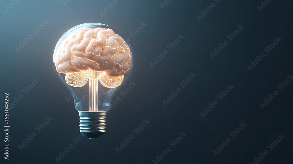 Poster a creative representation of a brain inside a light bulb, symbolizing innovative thinking and unique