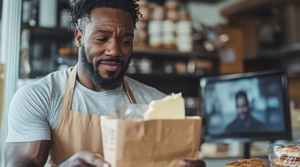 A joyful baker receiving a surprise package in a cozy bakery setting, filled with excitement as he explores the contents that will elevate his culinary creations.